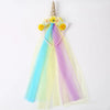 A colorful unicorn mesh headband featuring yellow flowers and iridescent pastel ribbons.