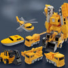 A set of yellow and black magnetic engineering car robot building blocks toys.