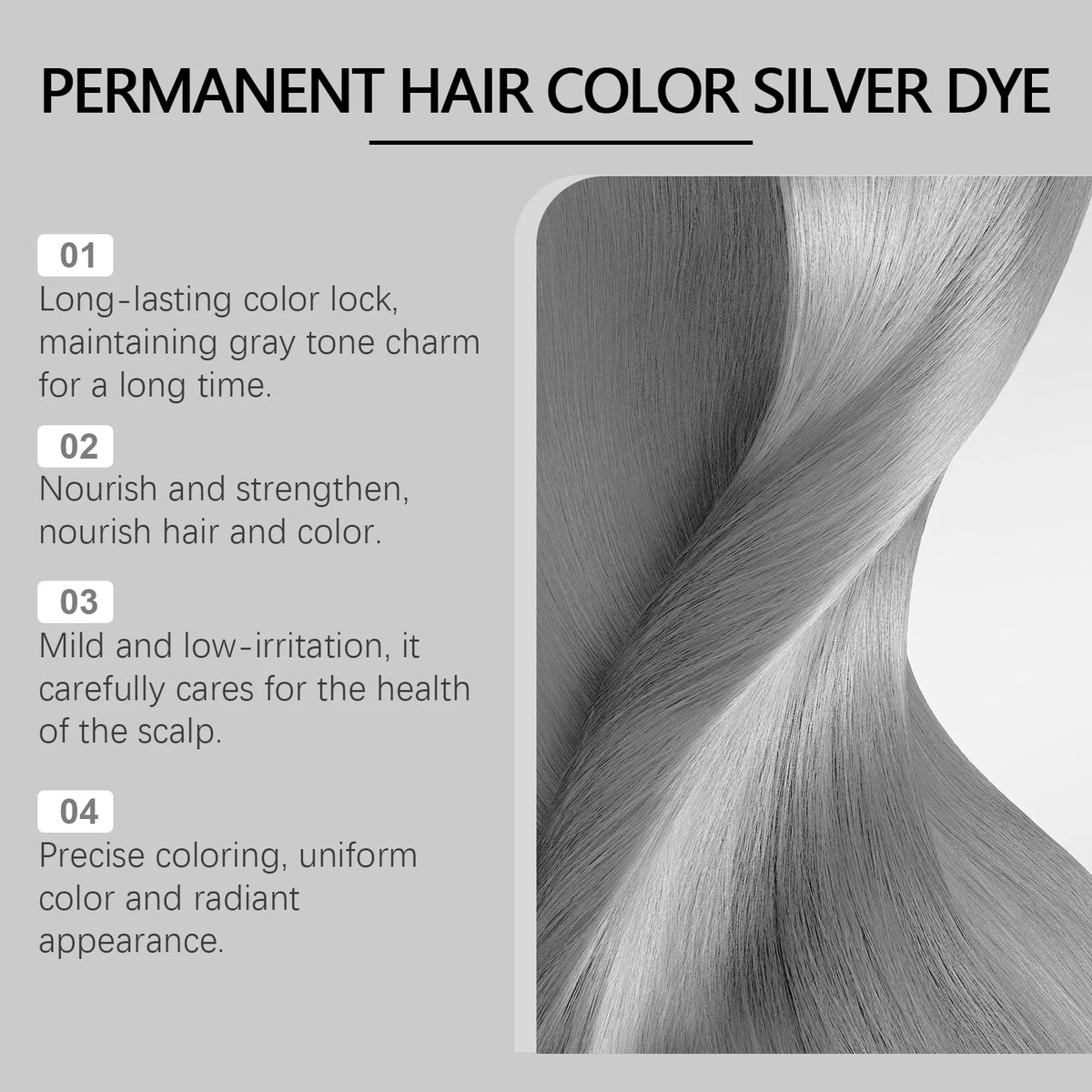 A close-up of silver hair being styled, demonstrating the results of a permanent hair color treatment.