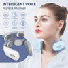 A woman is using an intelligent voice neck massager device on her neck.