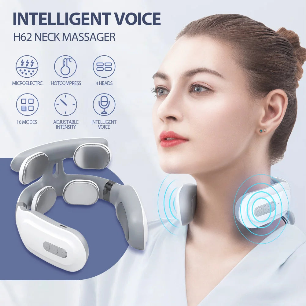 A woman is using an intelligent voice neck massager device on her neck.