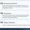 A section of a user manual detailing charging instructions, precautions, and reminders for a rechargeable smart car aroma dif