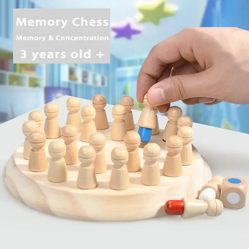 A hand is placing a wooden memory chess game piece onto a light wood board for a child's memory and concentration activity.