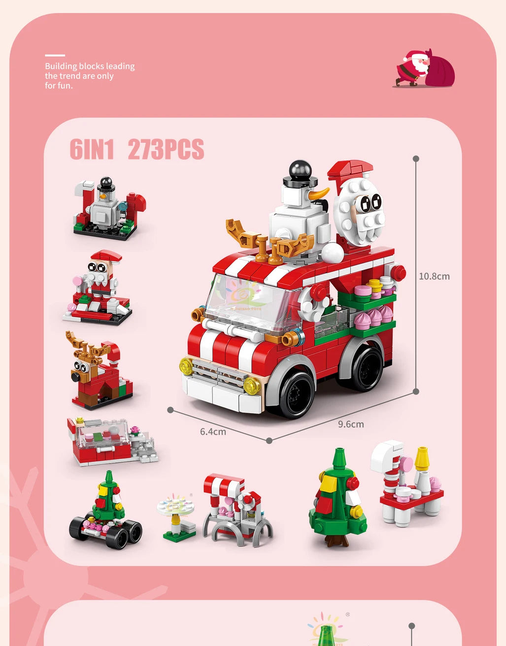 A set of 273 pieces of building blocks featuring a Christmas theme including a snow house, Santa, and deer.
