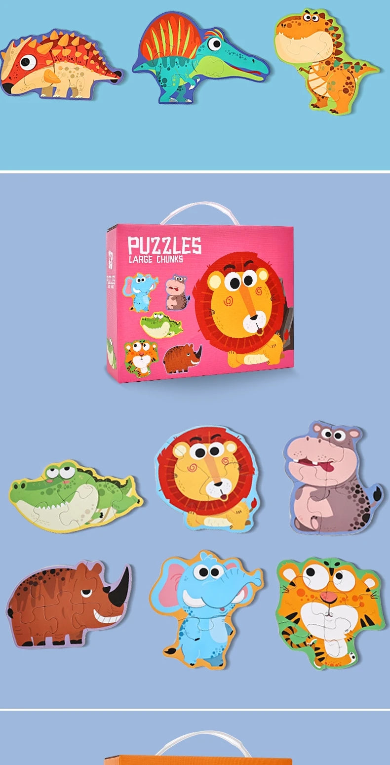 A set of six dinosaur and animal puzzles featuring large chunks for kids.