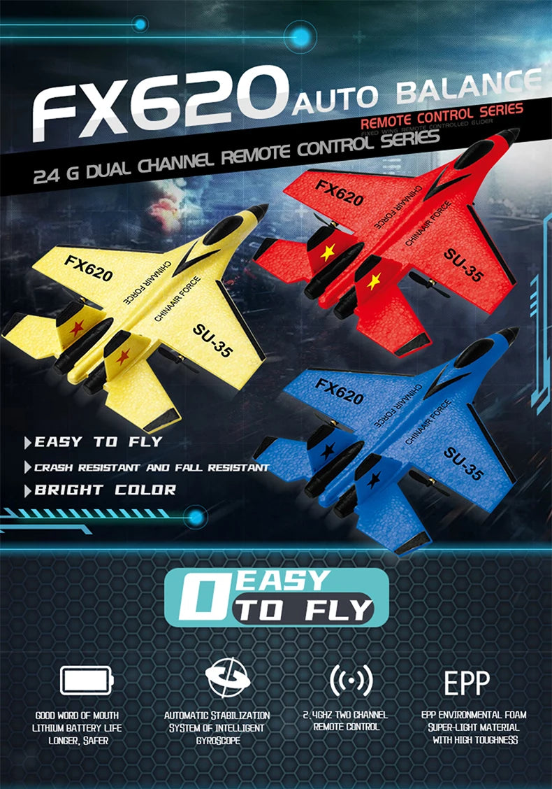 A set of FX620 and SU-35 remote control fighter planes featuring bright colors and built for easy flying.