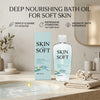 En flaske Skin So Soft badeolie ved siden af tekst, der beskriver fordelene ved blød hud.