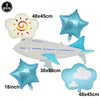 A set of five foil balloons featuring an airplane, a helicopter, and a cloud design for a party.