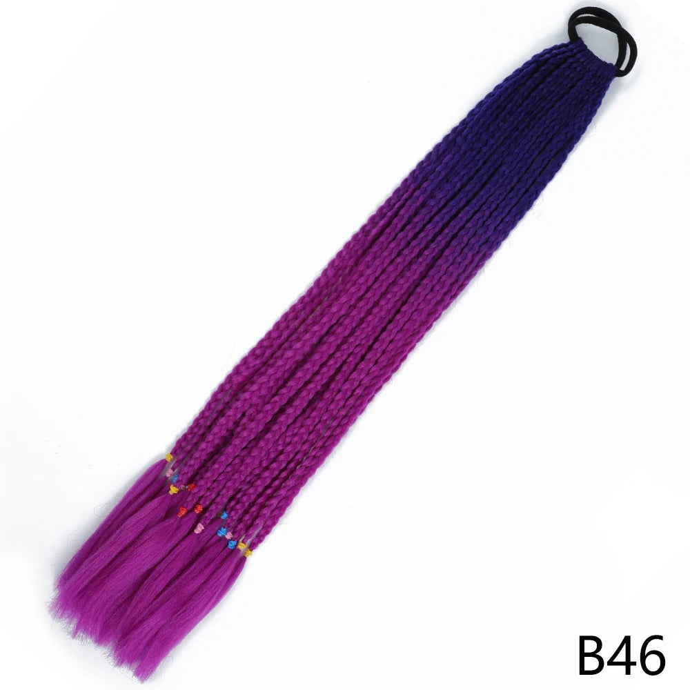 A long, purple and blue gradient pre-braided ponytail extension with an elastic band.