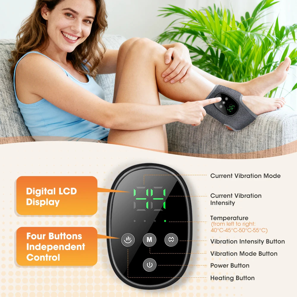 A woman is using a black digital LCD display and four buttons to control a cordless heated vibration ankle massager.