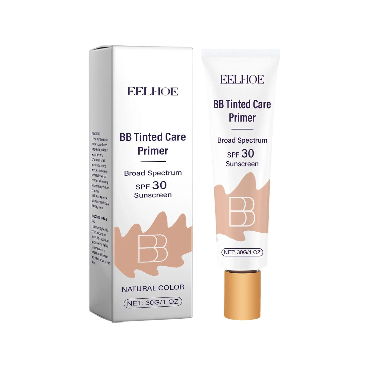 EELHOE BB Tinted Care Primer med SPF 30 solkrem i hvit tube og eske.