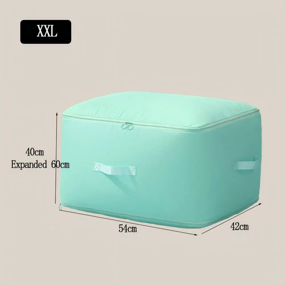 Bolsa de compresión verde menta suave para mantas y ropa, con dimensiones.