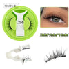 A green magnetic eyelash kit with a white precision tweezer and various lash lengths shown alongside an application example.