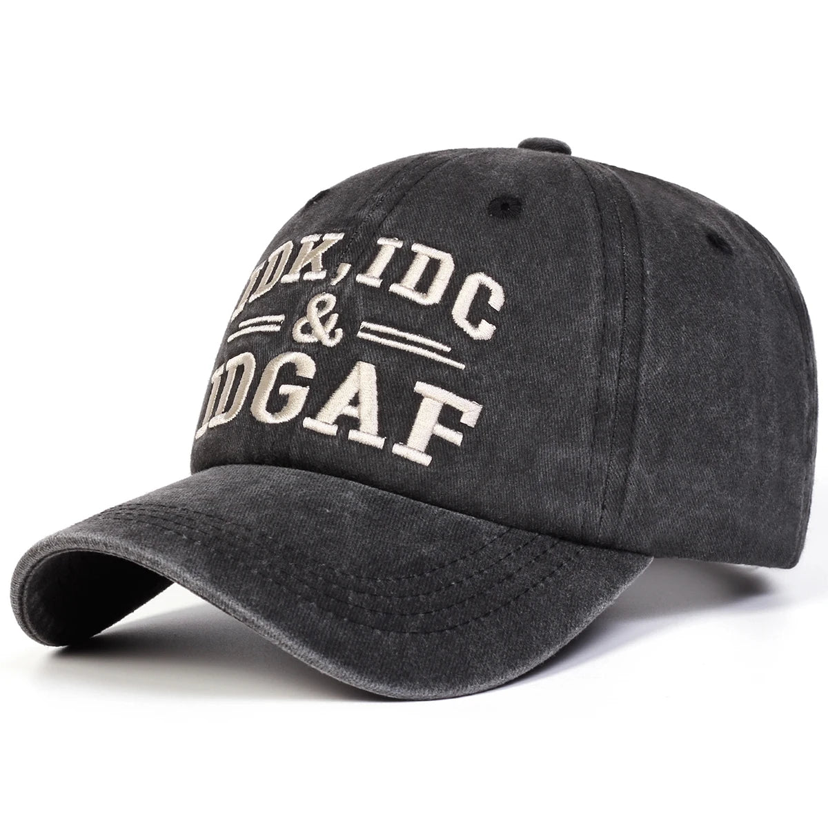 A dark gray letter-embroidered washed baseball cap featuring the text IDK,IDC & IDGAF.