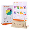 A set of wooden logic puzzles featuring colorful animal characters used for alphabet learning and brain teasers.