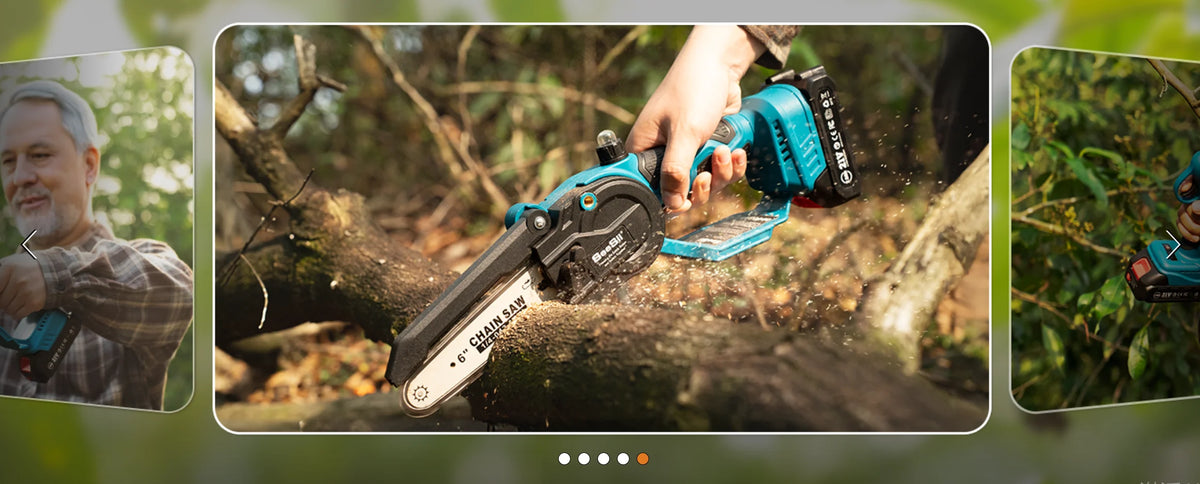 A hand operates a cordless 6 inch chainsaw and pruning shears combo kit while working on a tree.