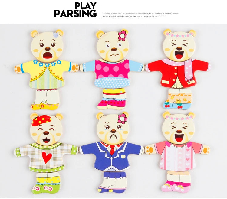 A set of wooden puzzle bears in various colors and outfits for children's dress-up play