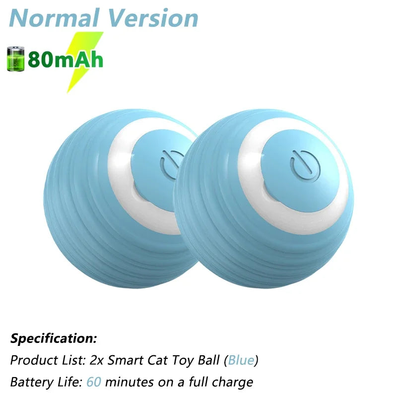 A pair of blue smart cat toy balls with white accents, showing the normal version and 80mAh battery information.