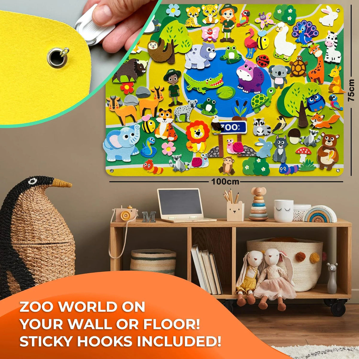 A colorful zoo animals felt story board set with sticky hooks displayed on a wooden shelf.