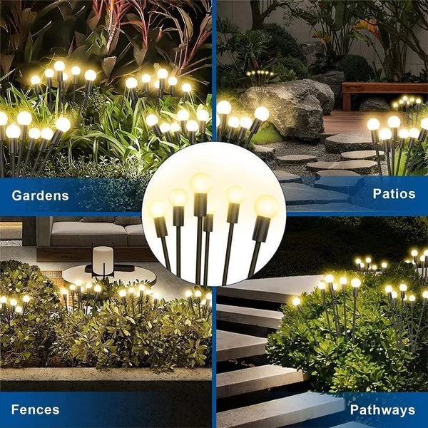Various outdoor lighting applications including gardens, patios, fences, and pathways using solar firefly lights.