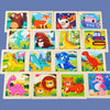 A collection of wooden 3D dinosaur puzzle pieces featuring various dinosaurs in bright colors.