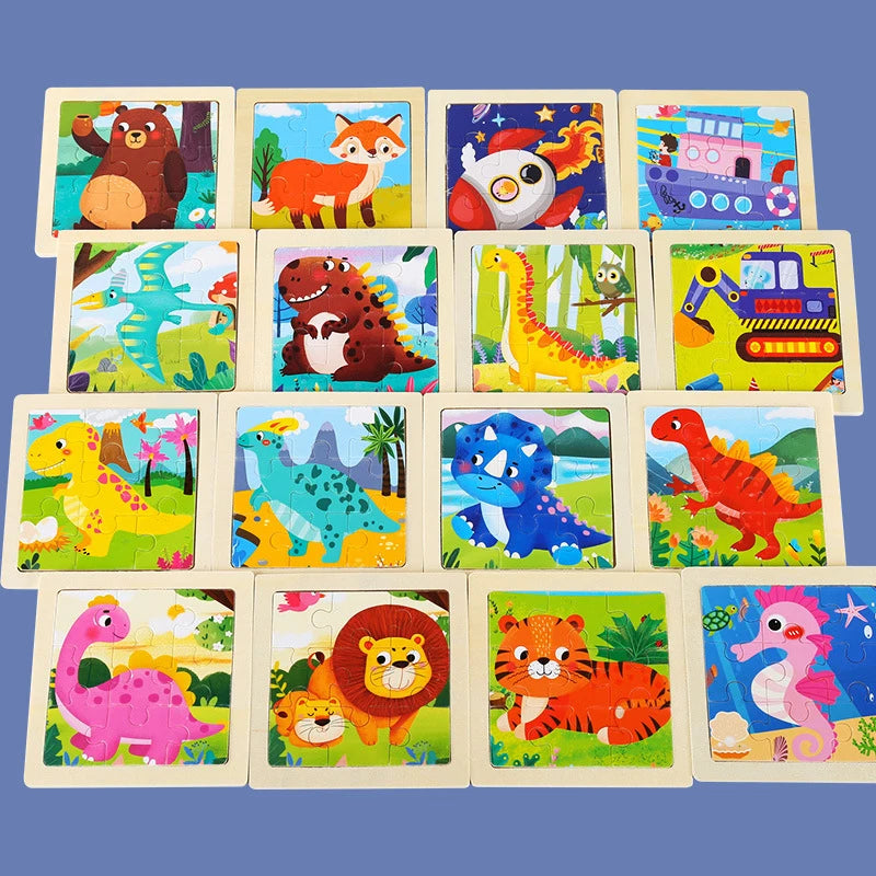 A collection of wooden 3D dinosaur puzzle pieces featuring various dinosaurs in bright colors.