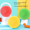 Three colored foam balls—red, green, and yellow—are displayed on white stands for low-noise sports training.