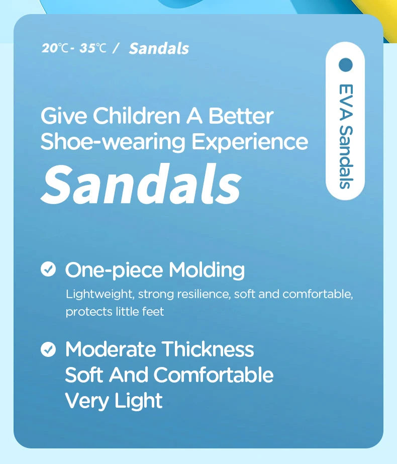 A product description for EVA sandals highlighting one-piece molding, moderate thickness, and comfort for children.