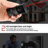 A hand holds a black laser distance measurer with a backlit display, demonstrating its use for measuring distance to a house.