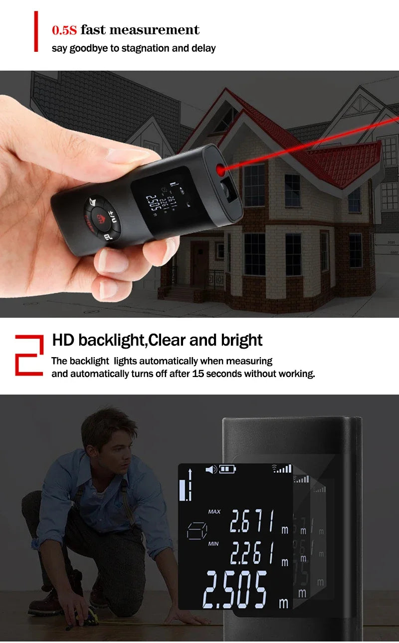 A hand holds a black laser distance measurer with a backlit display, demonstrating its use for measuring distance to a house.