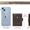 A light blue iPhone 14 Plus case shown next to a brown leather smart wallet and a separate wallet.