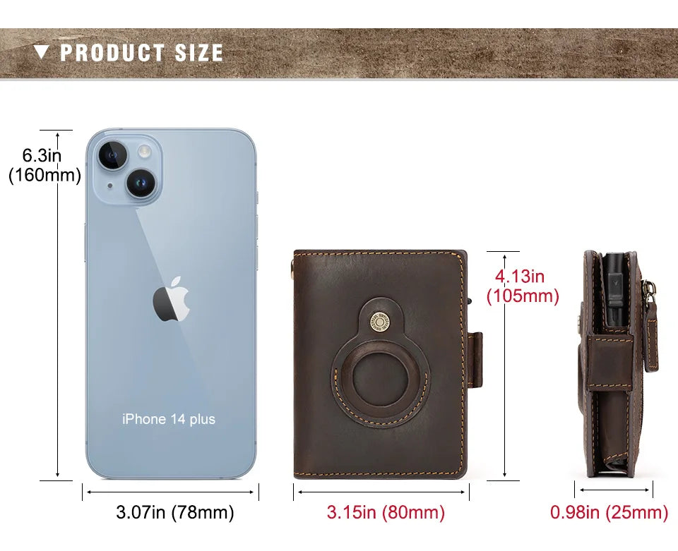 A light blue iPhone 14 Plus case shown next to a brown leather smart wallet and a separate wallet.