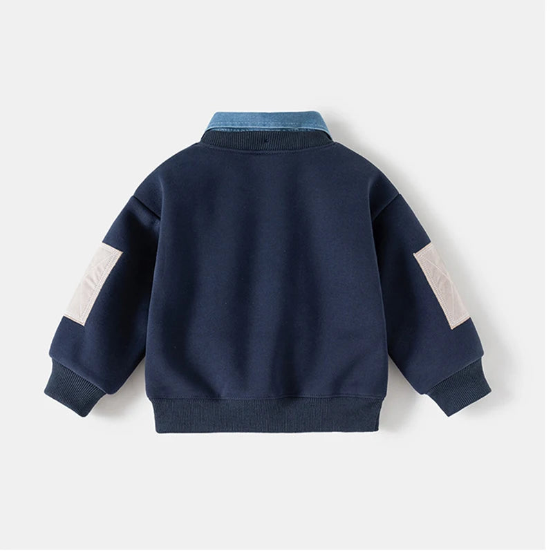 Navy fleece pullover sweatshirt with a denim collar and light beige accents.