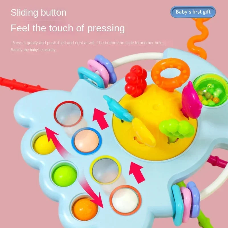 A blue sensory pull string teething toy with various colorful parts and rings for babies.