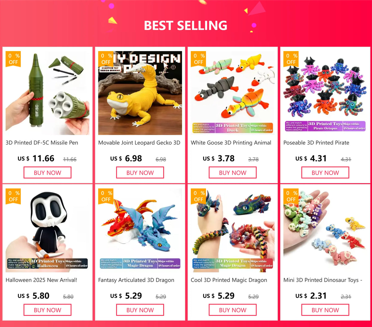 Colección de figurillas impresas en 3D: un leopardo, un animal y varios dragones.