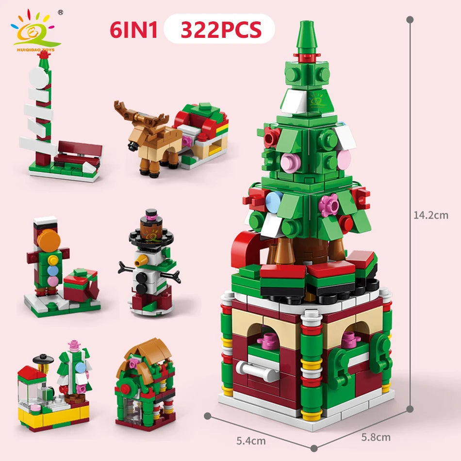 A set of 6-in-1 Christmas building blocks featuring a tree, snow house, Santa, and deer figures.