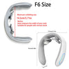 Gray F6 size neck and shoulder massager device showing its dimensions and usage.