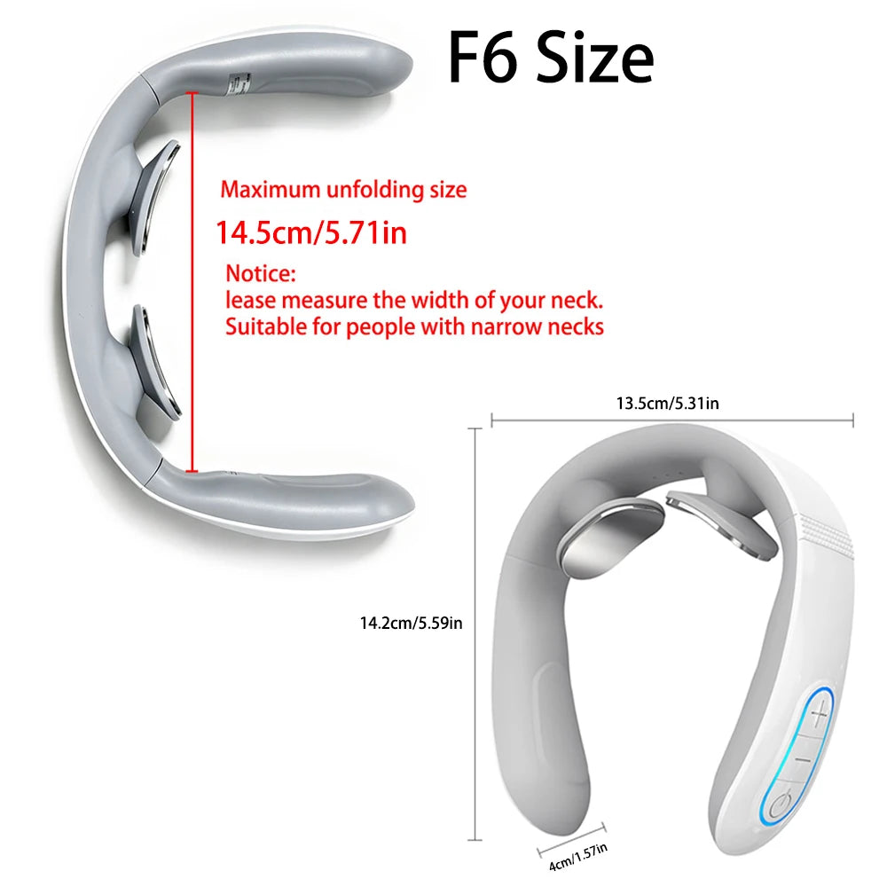 Gray F6 size neck and shoulder massager device showing its dimensions and usage.