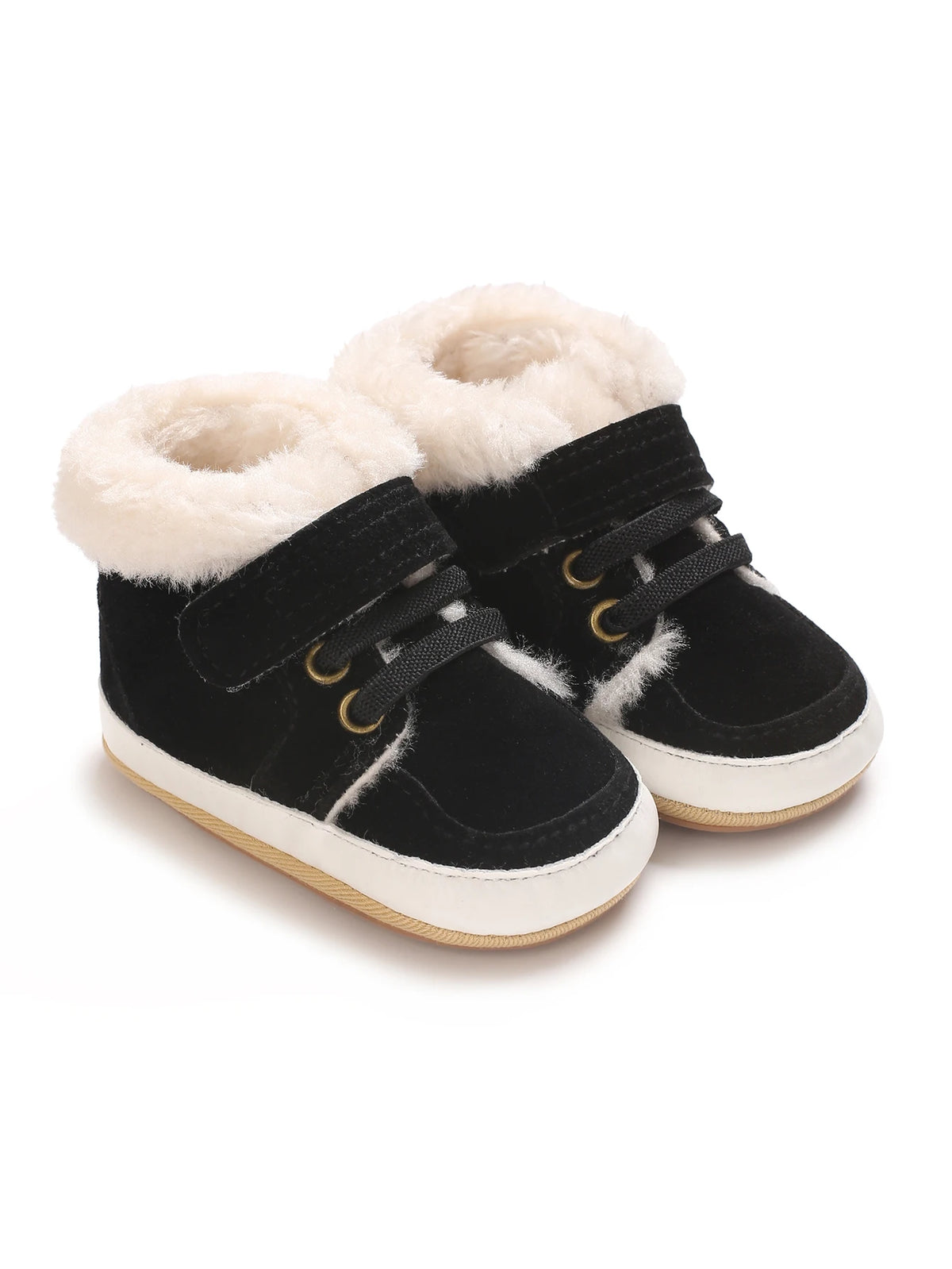 Pair of black baby winter snow boots with fluffy cream faux fur trim and white soles.