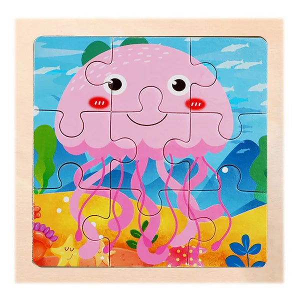 A wooden jigsaw puzzle featuring a pink, smiling, jellyfish-like creature against a blue and green background.
