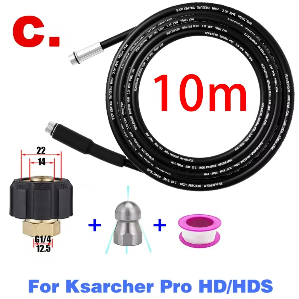 A black 10m high-pressure sewer jetting hose kit with a rotating nozzle and various fittings for Ksarcher Pro HD/HDS.