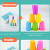 A set of color-matching cup stacking game cards showing single and double play options.