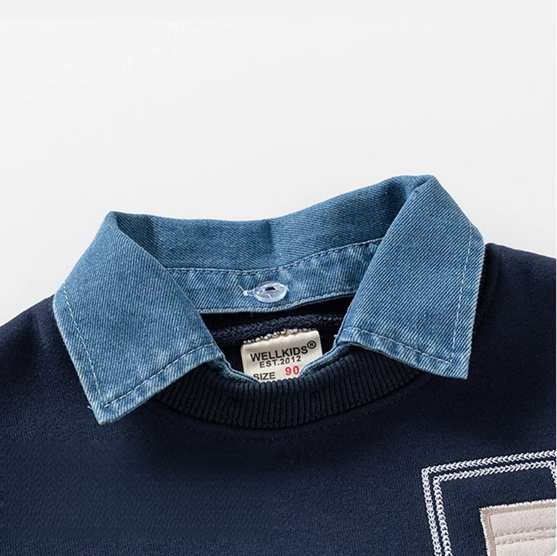 Navy blue boys denim collar fleece pullover sweatshirt with a collar detail