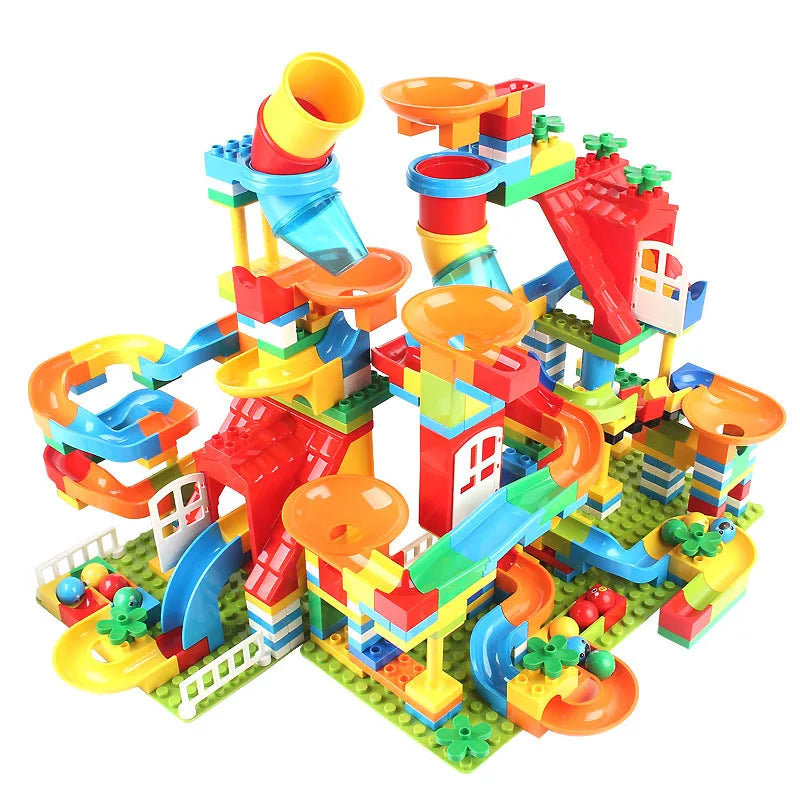 A colorful marble run building blocks set featuring tracks, funnels, and various structures.