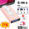 Pink 4-in-1 flash drive with adapters for phone, computer, and micro USB devices