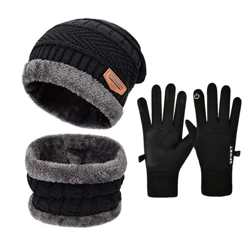 A set of black knit winter accessories including a beanie, scarf, and touchscreen gloves with faux fur trim.