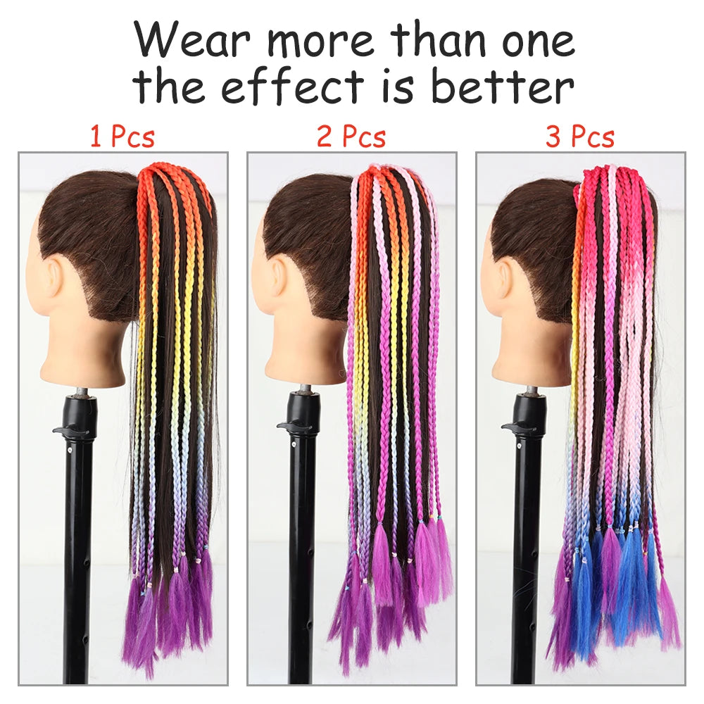Three examples of gradient pre-braided ponytail hair extensions in different colors and lengths
