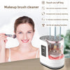 A woman is using an electric makeup brush cleaner device for cleaning and drying makeup brushes.