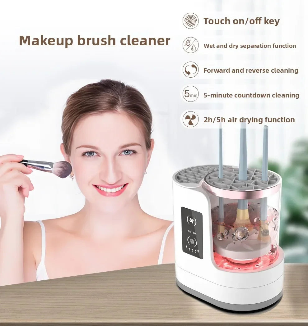A woman is using an electric makeup brush cleaner device for cleaning and drying makeup brushes.