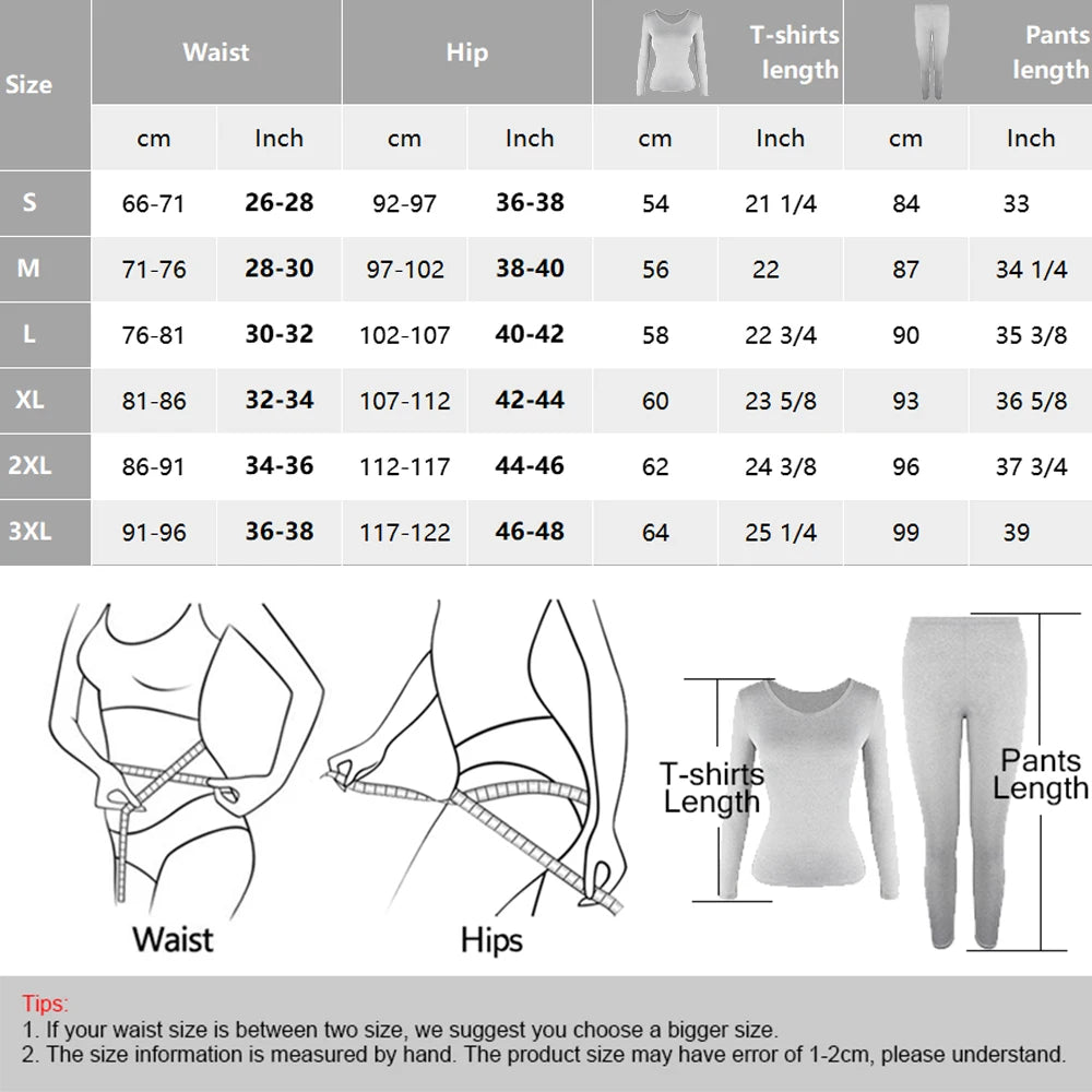 A size chart for women's thermal underwear set showing measurements for waist, hips, T-shirt length, and pants length.